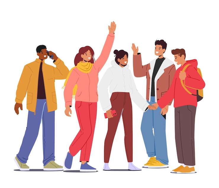Vecteur amis, fête, amitié, communication, concept, groupe, de, gai, heureux, jeunes gens, réjouir, rire, illustration