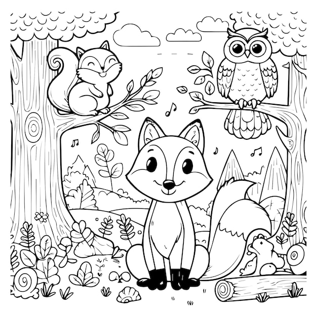 Vecteur les amis de la forêt enchanteuse carte à colorier pour enfants