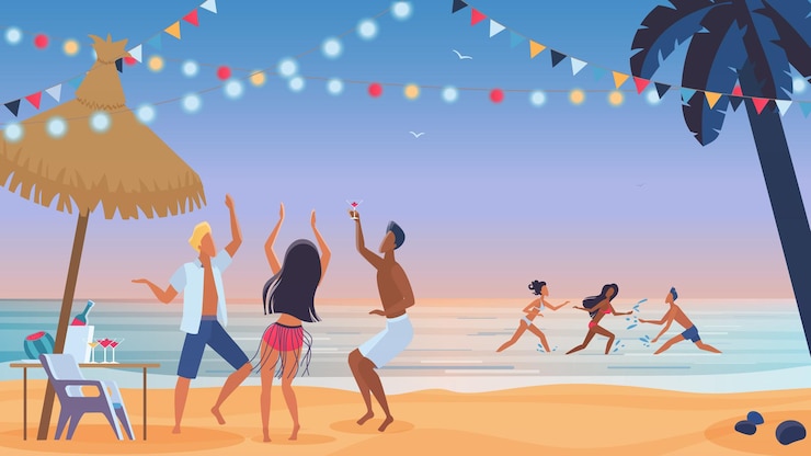 Amis de jeunes gens dansant sur la plage au coucher du soleil, soirée plage, amusement dans l'eau de l'océan