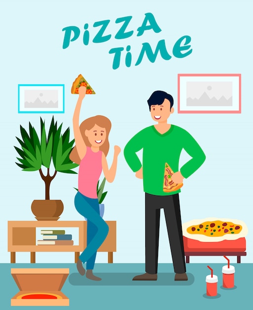 Amis, Profitant D'illustration Vectorielle Plane Pizza