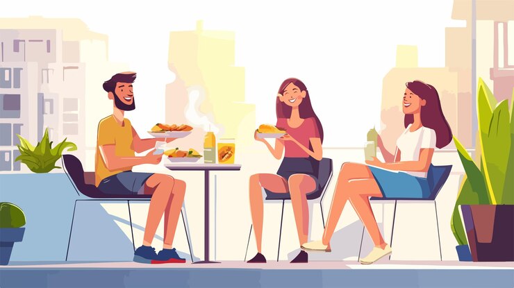 Des amis profitent d'un repas et de boissons ensemble lors d'une réunion sociale.