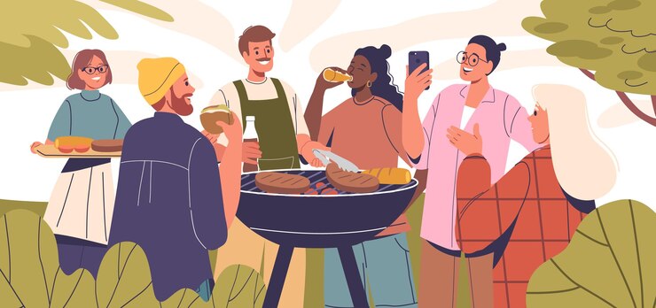 Vecteur des amis se détendent lors d'un barbecue animé avec des rafraîchissements et de la nourriture sous le chaud soleil