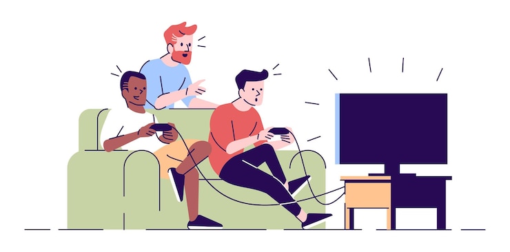 Vecteur amis de sexe masculin jouant à l'illustration vectorielle plane de jeu vidéo supporter barbu donnant des instructions colocataires tenant des joysticks isolés personnages de dessins animés avec des éléments de contour sur fond blanc