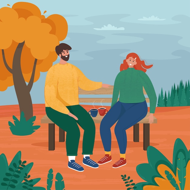 Amour couple assis sur un banc à l'automne. illustration