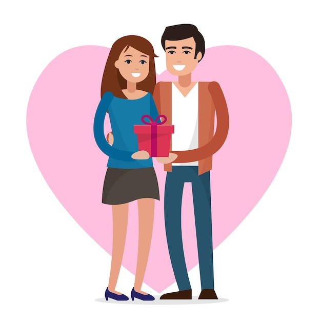 Amour Couple Avec Cadeau Illustration Vectorielle De Style Plat