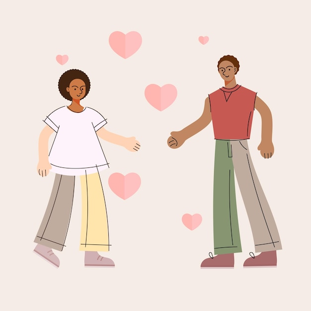 Vecteur amour couple heureux homme et femme deux partenaires romantiques de la saint-valentin ensemble concept de soutien solidaire illustration vectorielle plane isolée sur fond blanc