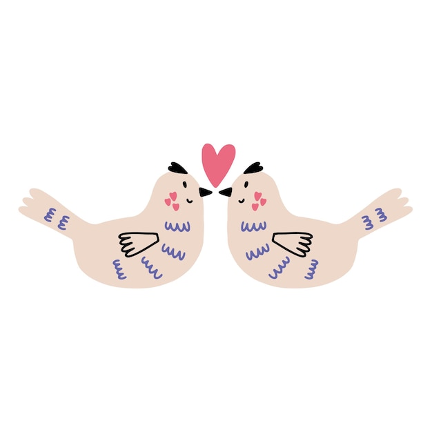 Amour De Deux Pigeons. Baiser D'oiseau De Couple. élément De Doodle Dessiné Main Vecteur Romantique