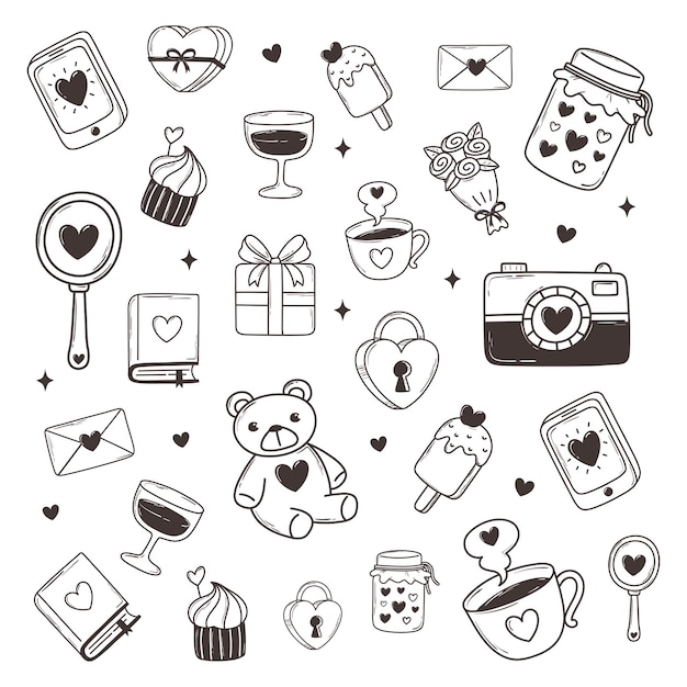 Amour doodle romantique ours fleur cadeau caméra livre mail décoration illustration