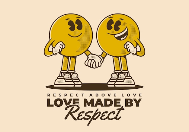 L'amour Fait Par Le Respect Personnage Vintage De Deux Boules Tête Dans La Main Dans La Main Pose