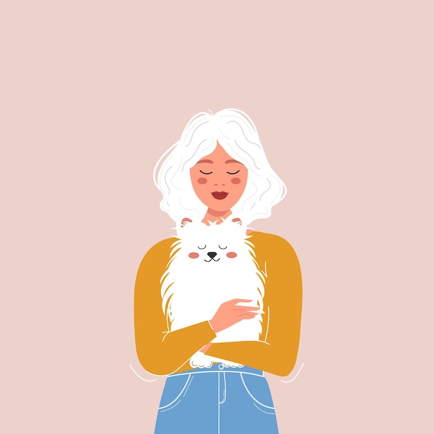 Vecteur amour pour les animaux et les animaux de compagnie jolie fille tenant son illustration de chien pelucheux blanc une femme et un spitz