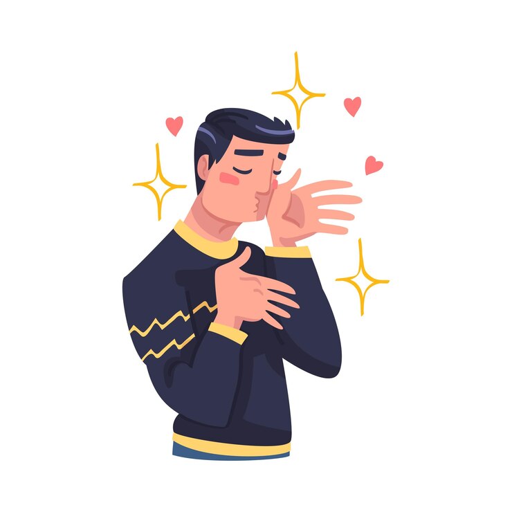Vecteur l'amour de soi avec l'homme personnage s'admirant lui-même enchanté de son apparence avec le cœur autour du vecteur