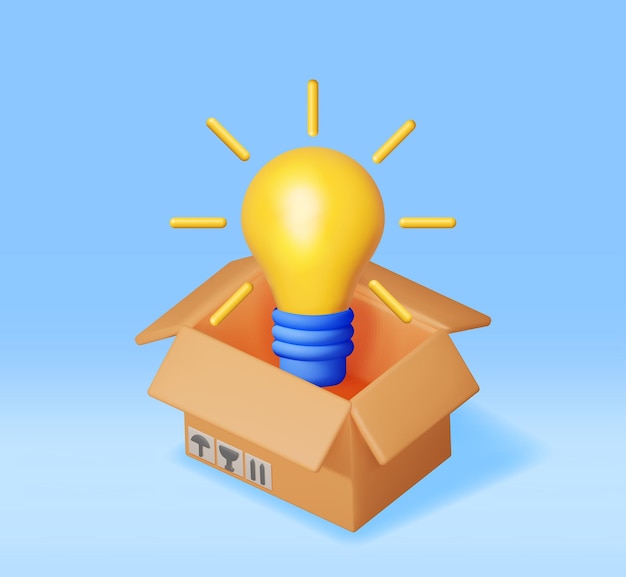 Vecteur ampoule 3d light idea éjectée d'une boîte en carton