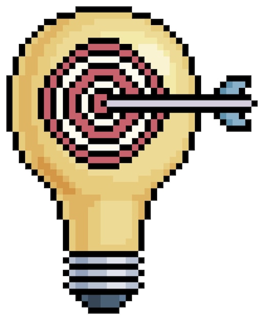 Ampoule D'art Pixel Avec Flèche Sur La Cible Icône De Vecteur De Symbole De Concept De Créativité Pour Le Jeu 8 Bits