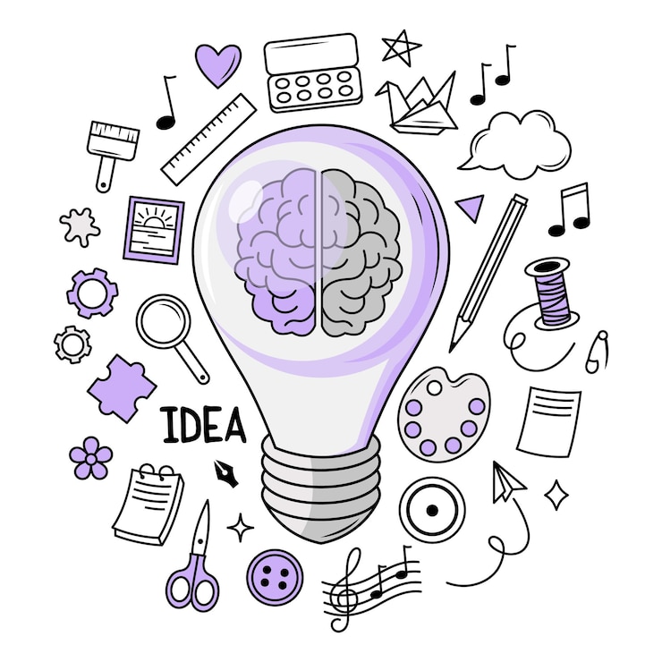 Vecteur ampoule avec cerveau entourée d'icônes créatives sur fond blanc illustration vectorielle