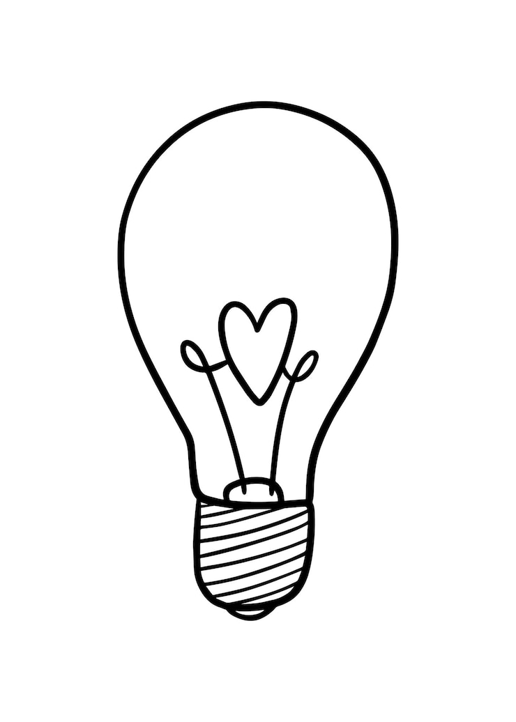 Vecteur ampoule avec coeur à l'intérieur du symbole de l'amour doodle coloriage de dessin animé linéaire