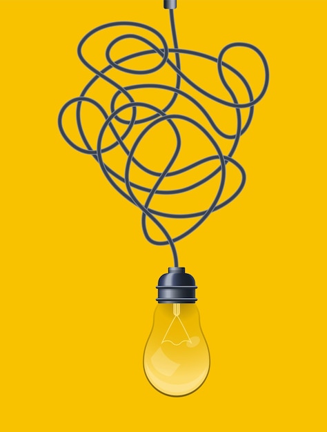 Ampoule Design Décoratif Ligne Désordonnée Et Ampoule Concept D'idée Avec Lampe De Contour Doodle Cordon Emmêlé Avec Noeud Et Illuminateur