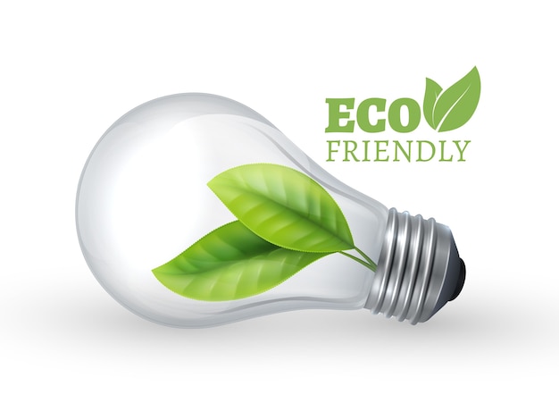 Ampoule Eco. Ampoule en verre écologique avec feuille verte à l'intérieur. Lampe de vecteur isolée. Illustration éco énergie verte, électricité renouvelable