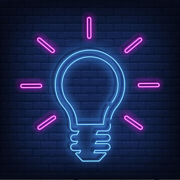 ampoule, enseigne néon, isolé, sur, mur brique, fond, éclairage, lampe électrique, lampe incandescente, signe, vecteur, illustration