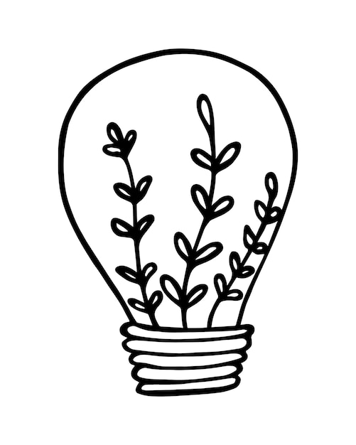 Ampoule Avec Plante à L'intérieur Du Dessin Animé Linéaire Doodle