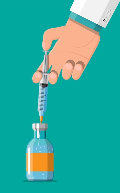 Ampoule Et Seringue Avec Médicament En Main. Notion De Vaccination. Aiguilles De Seringue D'injection. équipement Médical. Santé, Hôpital Et Diagnostic Médical. Illustration Vectorielle Dans Un Style Plat