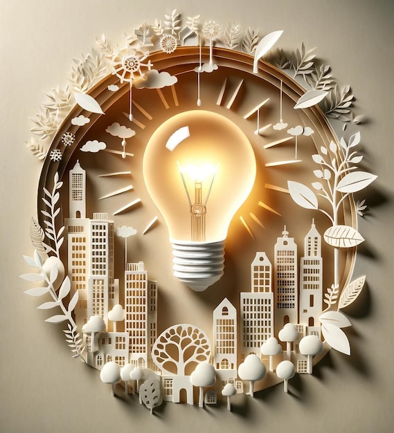 Vecteur ampoule de style art de coupe de papier avec vue sur la ville symbolisant l'approvisionnement en électricité pour la ville