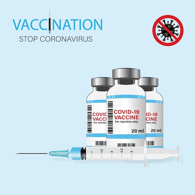 Ampoule de vaccin avec seringue Concept de vaccination contre le coronavirus Covid19 Conception créative