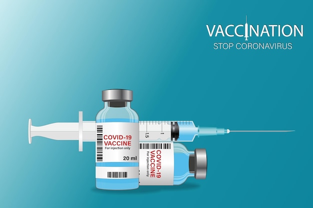 Ampoule de vaccin avec seringue Concept de vaccination contre le coronavirus Covid19 Conception créative