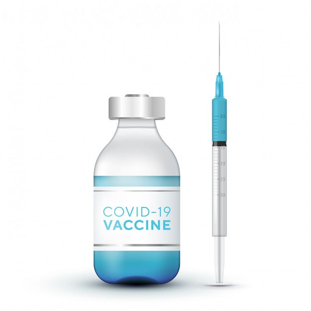 Vecteur ampoules et seringues en verre 3d réalistes. injection de vaccin coronavirus covid-19, nouveau coronavirus. illustration médicale