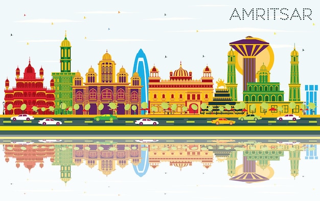 Amritsar Inde City Skyline Avec Bâtiments De Couleur, Ciel Bleu Et Reflets. Illustration Vectorielle. Concept De Voyage D'affaires Et De Tourisme Avec Architecture Historique. Paysage Urbain D'amritsar Avec Points De Repère.