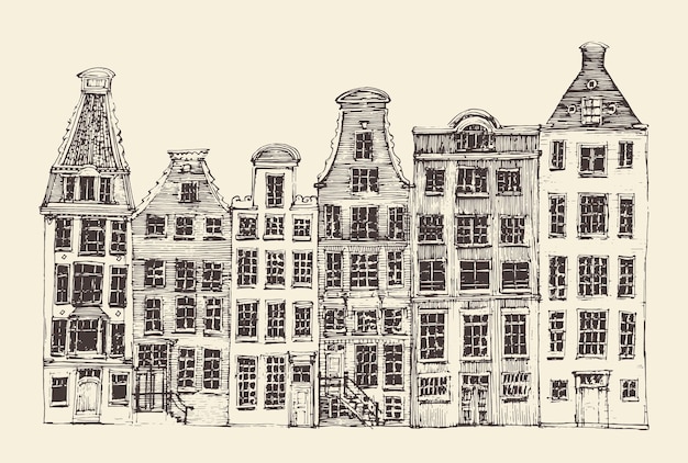 Vecteur amsterdam, architecture de la ville, illustration gravée d'époque