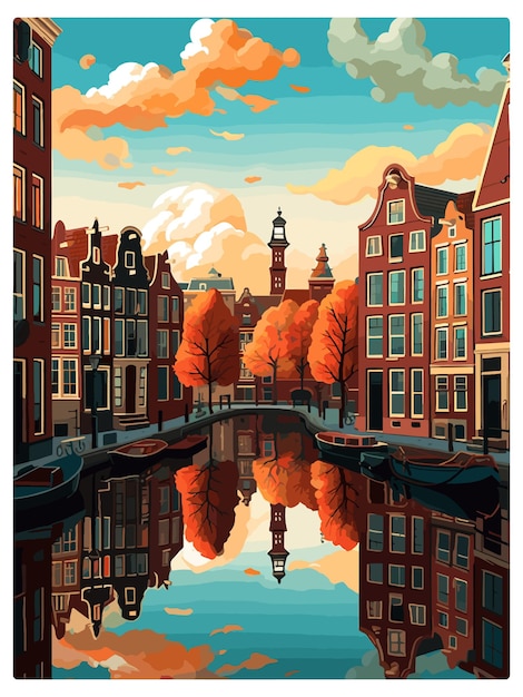 Vecteur amsterdam pays-bas affiche de voyage vintage souvenir carte postale portrait peinture illustration wpa