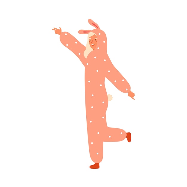 Vecteur amusante jeune femme dansant en kigurumi de lapin à la fête du carnaval. animateur féminin portant un costume d'animal. interprète joyeux en pyjama douillet en peluche. illustration de dessin animé de vecteur plat isolé sur blanc.