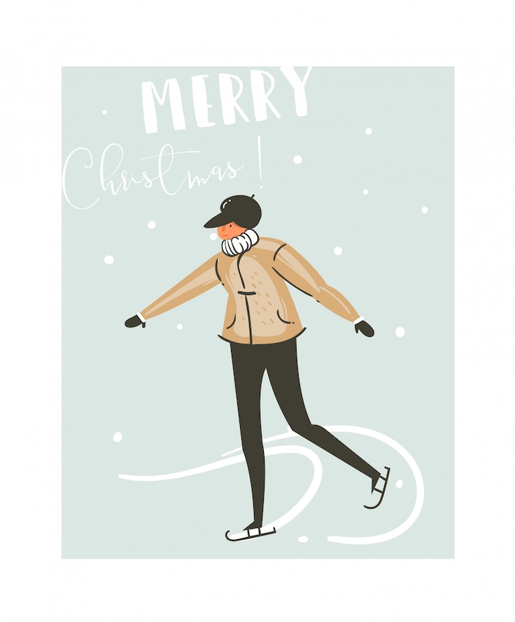 Vecteur amusement abstrait dessiné à la main carte d'illustration de dessin animé de temps joyeux noël avec jeune garçon patinage sur glace sur fond bleu.