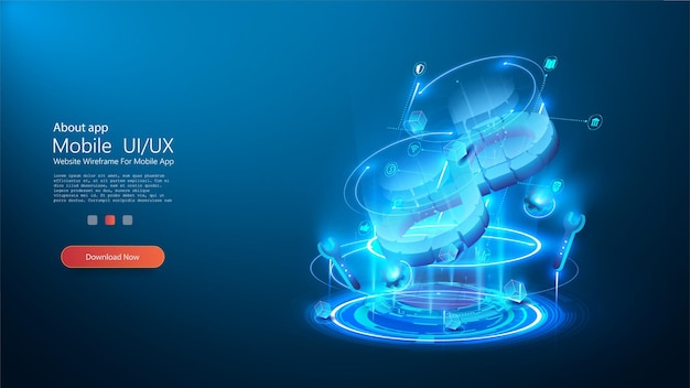 An extended devops concept illustrating devops tools in a futuristic blue circle DevOps process banner Development of an Internet application online website service landing page layout Vector