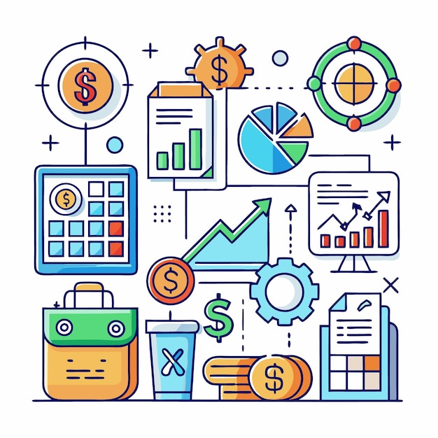 Analyse des affaires avec des graphiques et des icônes financières dans le style des dessins animés