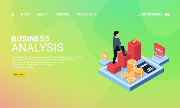 Vecteur analyse commerciale avec modèle de page de destination isométrique