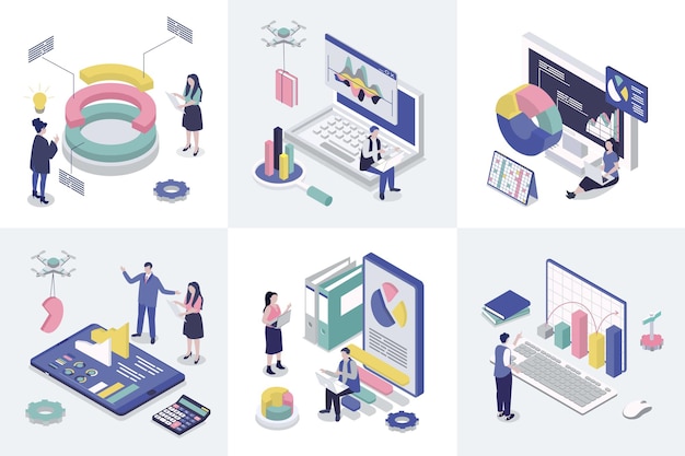 Analyse des données Concept d'isométrie 3D pour la conception de sites Web Set de collection avec des personnes isométriques faisant des statistiques Diagramme de recherche de graphique et tableau de bord graphique Analyse du rapport de marketing Illustration vectorielle