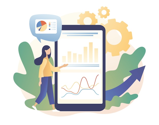 Analyse de données consept Analyse commerciale Petite fille étudie l'infographie sur l'application mobile Style de dessin animé plat moderne Illustration vectorielle sur fond blanc