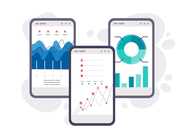 Analyse des données sur l'écran du smartphone Graphique de tendance du marché Graphique en courbes de croissance marketing Analyse des données Illustration vectorielle plane