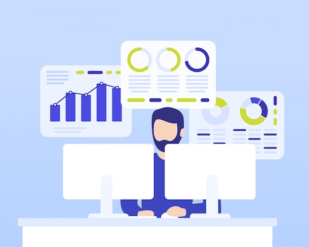 Analyse de données, homme travaillant avec des données d'entreprise