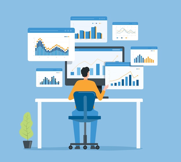 Vecteur analyse des gens d'affaires plats et suivi du graphique de rapport d'investissement et de financement sur le concept de moniteur