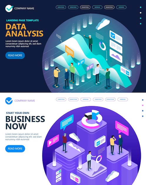 Analyse Web de données et concept isométrique de vecteur de marketing et de finance Peut être utilisé pour les images de héros d'infographie de bannière Web Illustrations vectorielles isométriques plates avec des dégradés à la mode