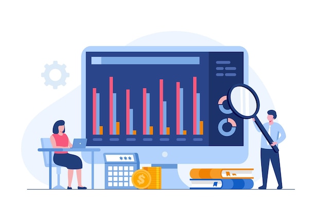 Analyste D'affaires Avec Tableau De Bord, Audit De Performance, Concept Comptable, Vecteur D'illustration Plat