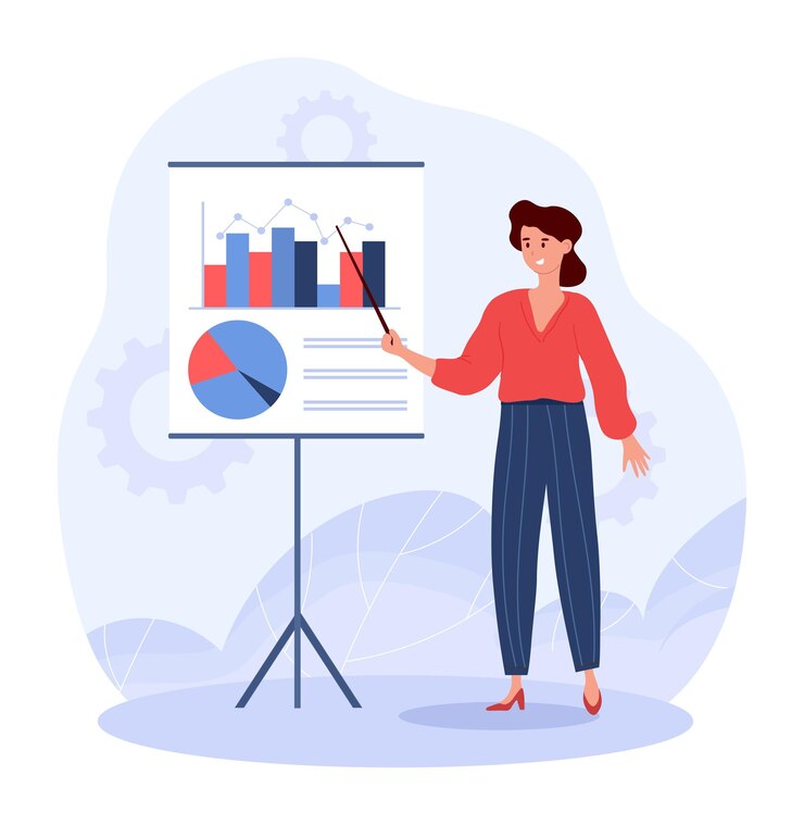 Vecteur analyste de présentation féminine s'exprimant en public travaillant avec des graphiques et des graphiques statistiques