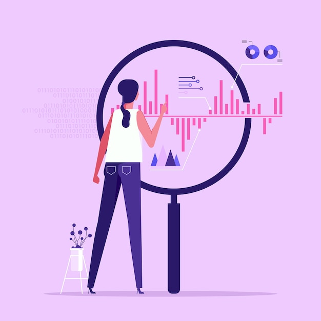 Vecteur analyste regardant des chiffres et des diagrammes à travers une loupe concept d'analyse de données volumineuses