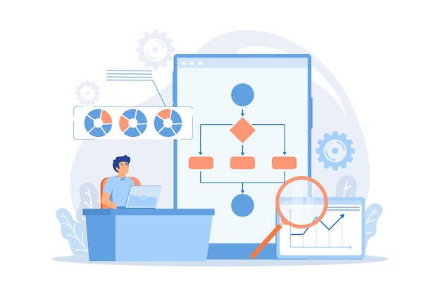 Analyste travaillant sur un ordinateur portable avec processus d'automatisation Processus métier d'automatisation des processus métier