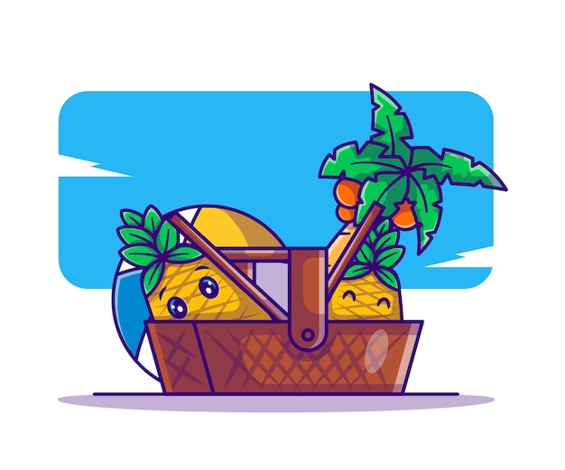 Ananas mignon dans le panier de pique-nique et illustration de dessin animé de ballon de plage pour l'été