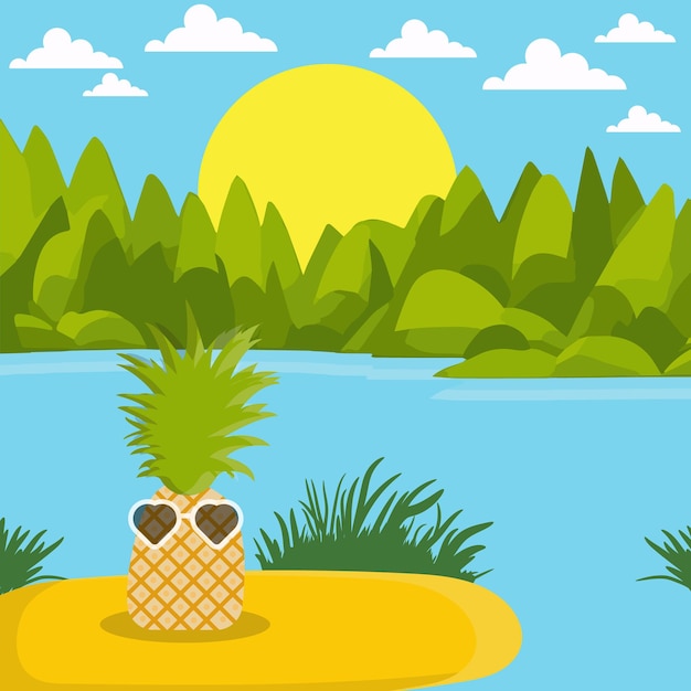 Vecteur un ananas se dresse dans le sable au bord de la rivière en illustration vectorielle drôle d'été
