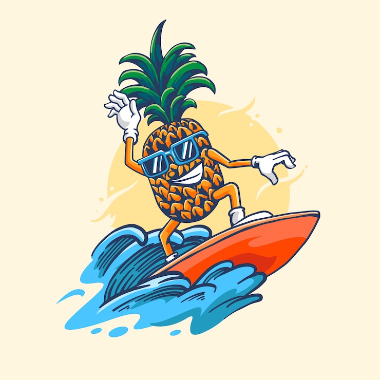 Vecteur ananas surf avec style de dessin à la main