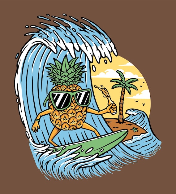 Ananas Surfant Sur Une Vague Avec Des Palmiers.